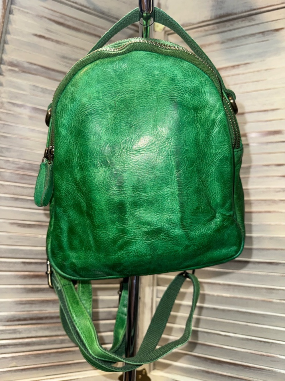 Kelly Green Distressed Leather Convertible Backpack